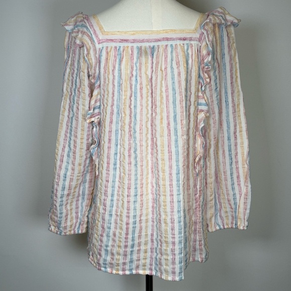 CHAPS Square Neck Striped Peasant Blouse Cotton Linen Blend Women’s Size Medium - Picture 6 of 10